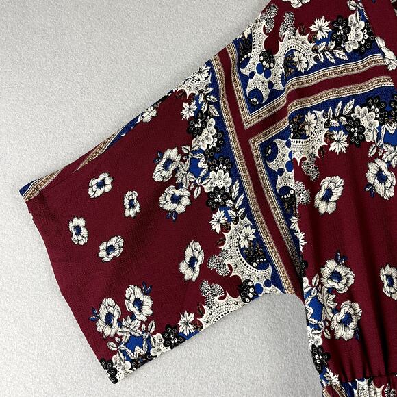 Lulus Delta Floral Print Dress Womens Small Burgundy Asymmetrical Flowy Romantic - Picture 5 of 16